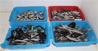 LOT, 4X,BINS OF MISC, SPOONS,FORKS+KNIVES