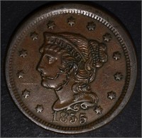 1855 LARGE CENT, AU marks on obv