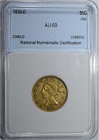 1839-D $5 GOLD LIBERTY NNC AU