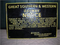 Great Southern & Western Railway Cast Iron Notice