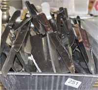 tray w/ dzs sharp knives, plastic bin w/forks