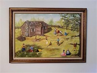 Large Framed Painting of Schoolhouse