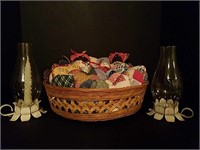 Basket of Fabric Hearts, Dolls, & Vintage Lanterns