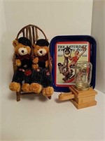 Two Teddy Bears, Vintage Tray, and Candy Dispenser