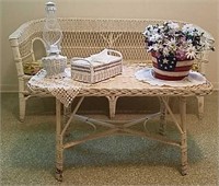 Shabby Chic Wicker Patio Bench, Table and Decor