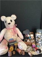 Vintage Quilted Bear, Spools & Buttons