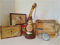Whiskey Bottle, Snuff Jars, Cigar Boxes