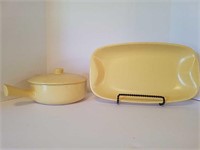 Yellow Stoneware Pot with Lid and Serving Platter