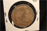 1938-B German WWII 2 Reichsmark Silver Coin