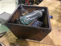 SMALL RED PAINTED WOODEN BOX WITH BOTTLES