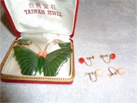 3 Pair 18K Earrings and Unmarked Jade Butterfly