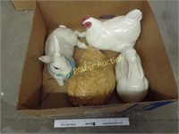 Large Ceramic Bunnies, Chicken & Cat