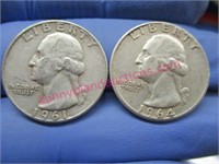 1961 & 1964 washington silver quarters (2 total)