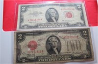 PAIR TWO DOLLAR BILLS 1928 D 1953 C RED SEAL