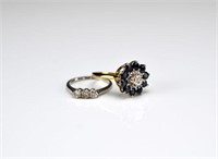 Two gold rings set with diamonds and sapphires