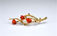 Vintage gold and coral bar brooch