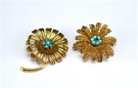 Two vintage gold and turquoise brooches