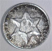 1862 3-CENT SILVER, AU/BU