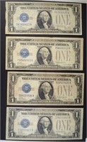 4-NICE CIRC 1928 $1.00 "FUNNY BACK" SILVER CERTS