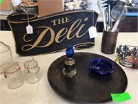 DECOR, DELI SIGN, BLUE CANDLE HOLDER AND OIL LAMP