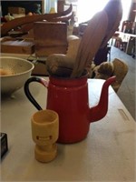 OLD RED ENAMAL COFFEE POT NO LID, AND WOODEN UT