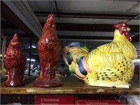 ROOSTER COOKIE JAR AND 2 RED BANDANA CHICKS