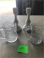 2 MILK GLASS CANDLESTICKS AND CLEAR MUGS