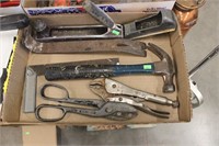 Tray of tools, vice grip and hammer
