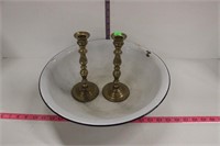 Brass candle holders and granite dish