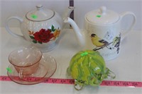 Tea pots, depression glass, glass turtle