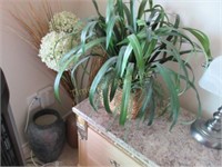 Silk plants and 2 large vases