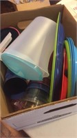 Box of miscellaneous plastic pitcher and plates