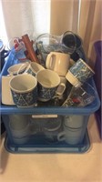 Tote of miscellaneous coffee mugs and glasses