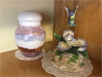 HUMMINGBIRD MUSIC BOX & 6 1/2" ART GLASS JAR