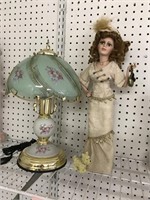 16" PORC. DOLL W/ DOG & SMALL LAMP