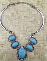 Silver Tone and Blue Stone Choker Drop Necklace