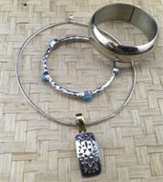 Silver Tone Choker Pendant and Pr of Bracelets