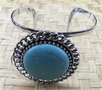Silver Tone and Large Blue Stone Cuff Bracelet