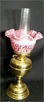 Antique Brass Kerosene Lamp W/ Crimped Cranberry