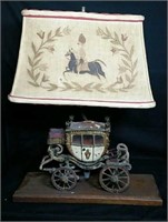 Folk  Art Stage Coach Lamp W/ Canvas Painted Shade