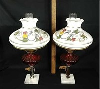 Pair Of Marble Base Hand Painted Lamps