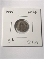 1945 Silver Newfoundland 5 Cent Coin