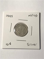 1945 Silver Newfoundland 10 Cent Coin