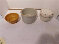 3 Stoneware Containers(bowl cracked)