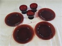Red Ruby 4 Plates 3 Custard Pedestal Dishes