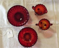 Ruby Red Glass Scalloped Ribbed Footed Set