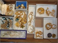 Flat of Costume Jewelry, Pins, Necklaces, Earrings