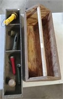 2 wooden toolboxes and flashlights