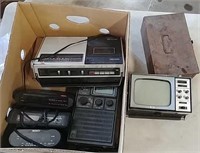 Alarm clocks, radios, mini TV and metal box