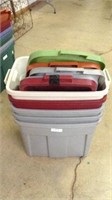 FIVE PLASTIC STORAGE TUBS WITH LIDS